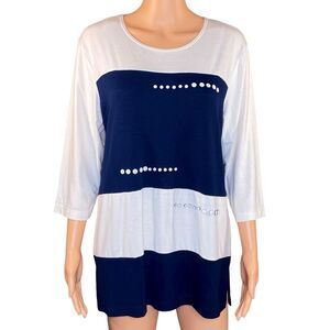 Picadilly Navy White Tunic Top Womens Size Medium 3-4 Sleeve Button Detail